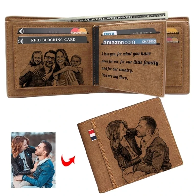 Portafoglio con incisione di foto portafoglio in pelle PU Bifold portafoglio personalizzato con foto incisa regali per Festival per lui portafoglio personalizzato personalizzato