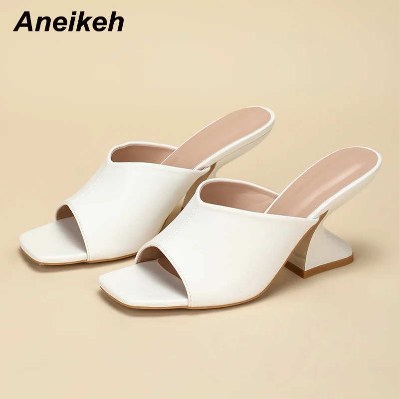 Aneikeh Fashion Solid PU Slip-On Leisure Slipper Strange Heels Square Open Toe Women Mules Outdoor Sandals Size 35-42 Summer New