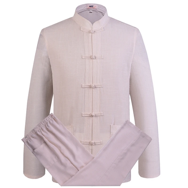 Spring Summer Men'S Long-Sleeved Cotton Linen Tang Suit Middle-Aged And Elderly Linen Shirt Hanfu Male Chinese Father Suit