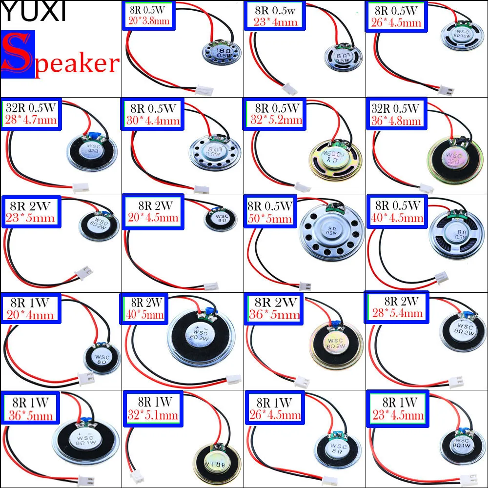 Hot sale Ultra-thin Speaker 8R 32Ohms 0.5W 1W 2Watt  Diameter 20 23 26 28 30 32 36 40 50MM With Terminal Wire 1.25mm Length 14CM