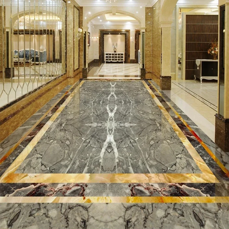 Custom 3D Murals Elegant Grey Marble Pattern PVC Self-adhesive Sticker for Living Room Hall Floor Tiles Waterproof Wall Paper