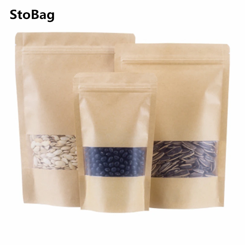 

StoBag 50pcs Frosted Window Kraft Paper Bag Ziplock Self-supporting Dry Goods Packaging Storage Moisture-proof Sealed Bags