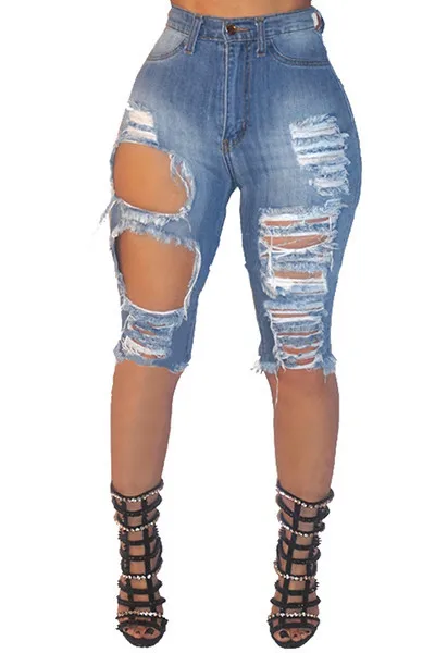 Trendy frauen Zerrissene Jeans Mode Elastische Hohe Taille Dünne Denim Jeans Knielangen Bleistift Hosen Sommer Casual Hipster Jeans