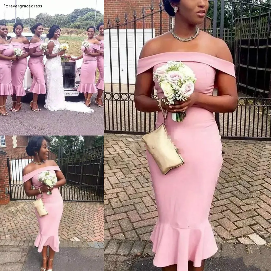 Modern Pink Tea Length Mermaid Bridesmaid Dresses African Girls Off Shoulder Ruffles Maid of Honor Gowns Plus Size