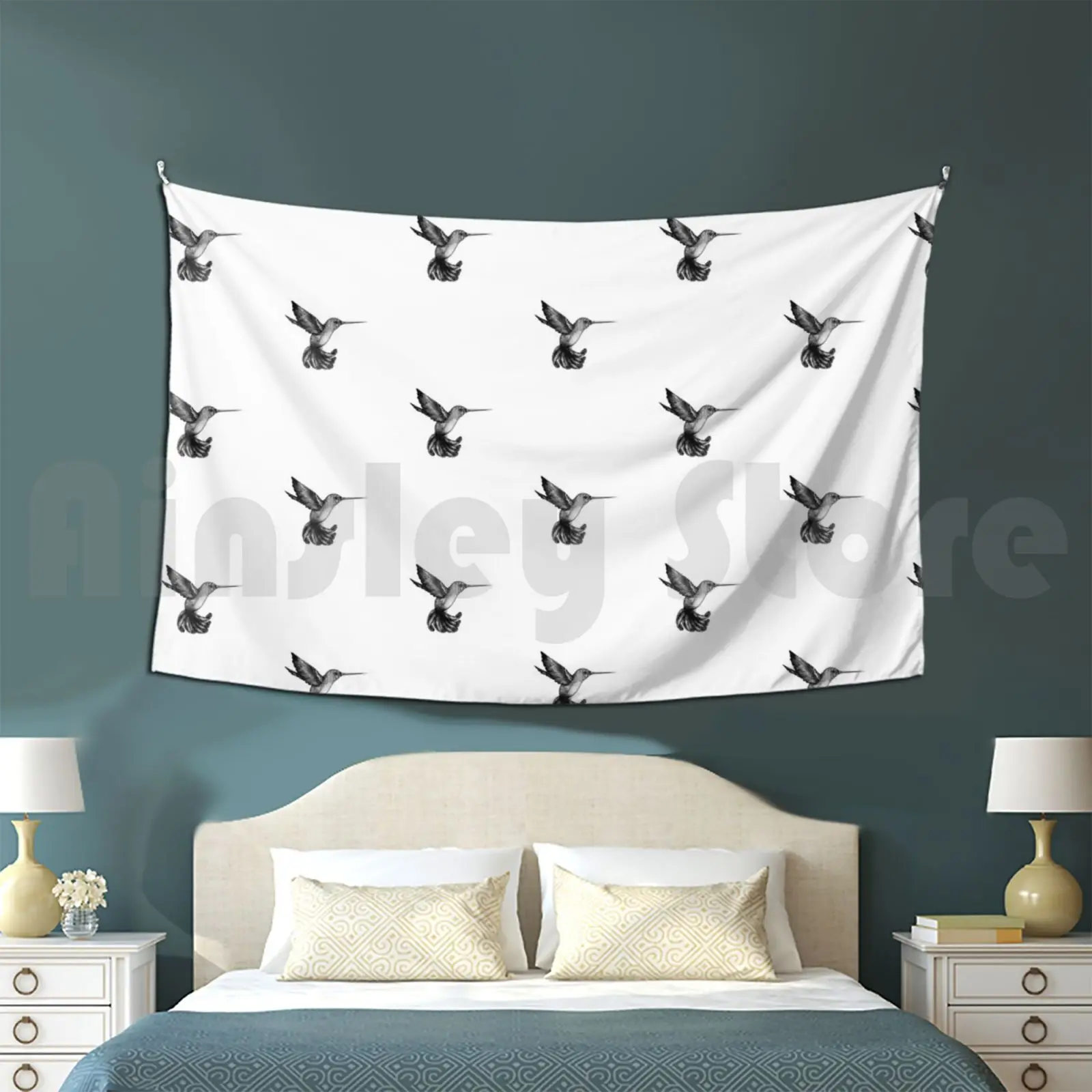 Black And White Hummingbird With Feather Detailing Tapestry Living Room Bedroom 2479 Black White Bird Hummingbird