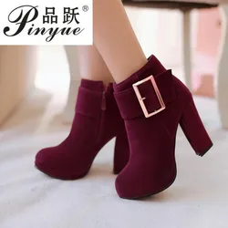 new autumn and winter women's boots British fashion suede Motorcycle boots short boots buckle with high heels thick heel shoes