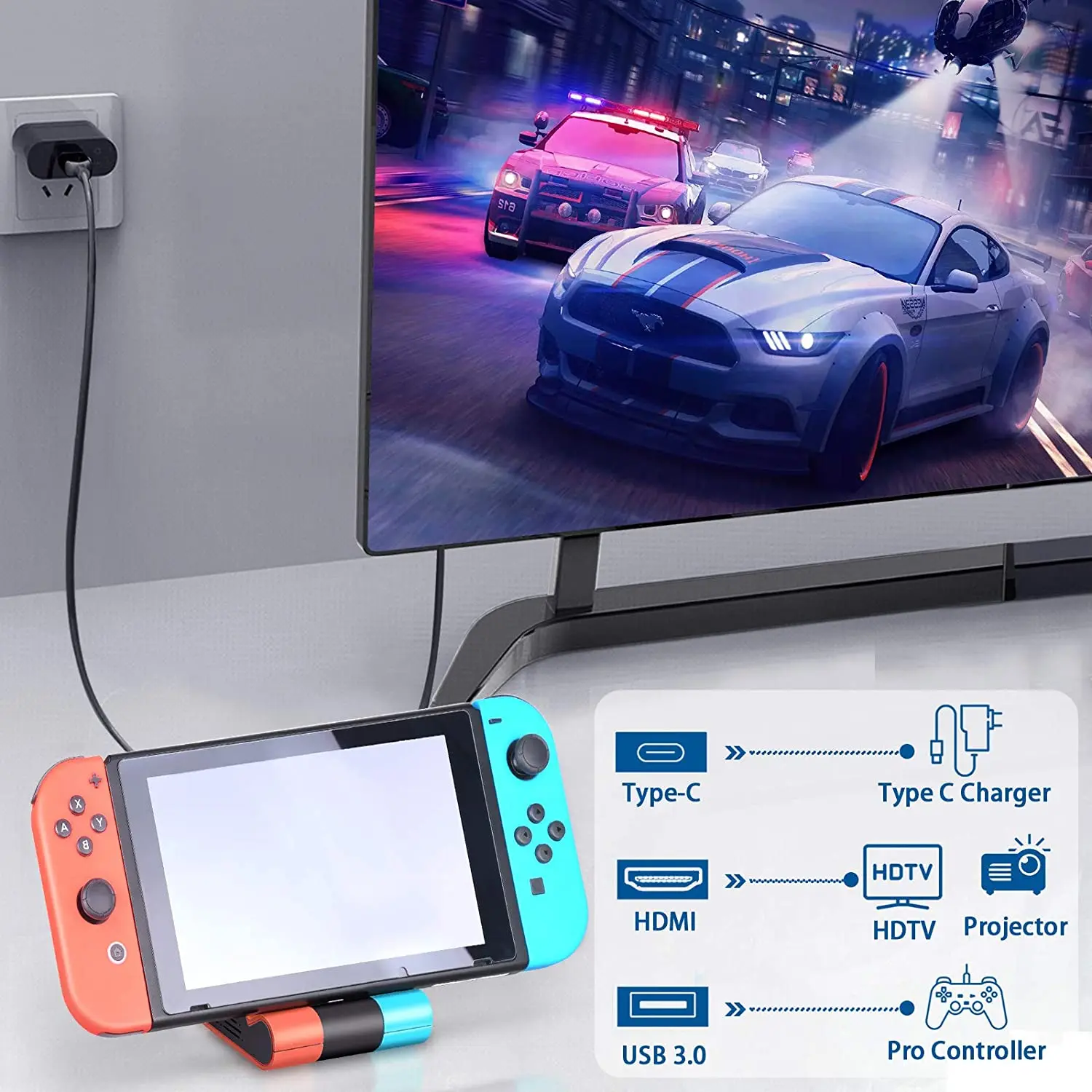 With 4K HDMI-compatible Adapter and USB 3.0 Port Nintendo Switch Charger Dock Stand Station Holder for Nintendo Foldable Charger