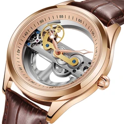 Moda trasparente singolo ponte orologi uomo Tourbillon cinturino in oro rosa orologi da polso meccanici automatici Relogio Masculino