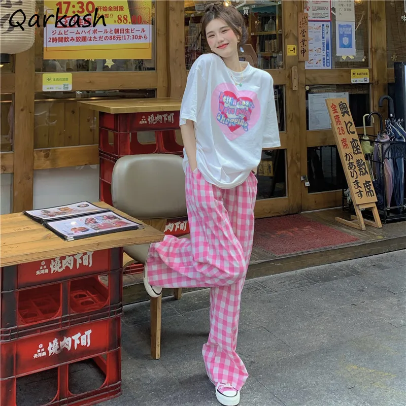 

Casual Pants Women Pink Plaid Pockets Simple Vintage Street Ladies Fashion Full Length Baggy Classic Korean Style All-match Ins