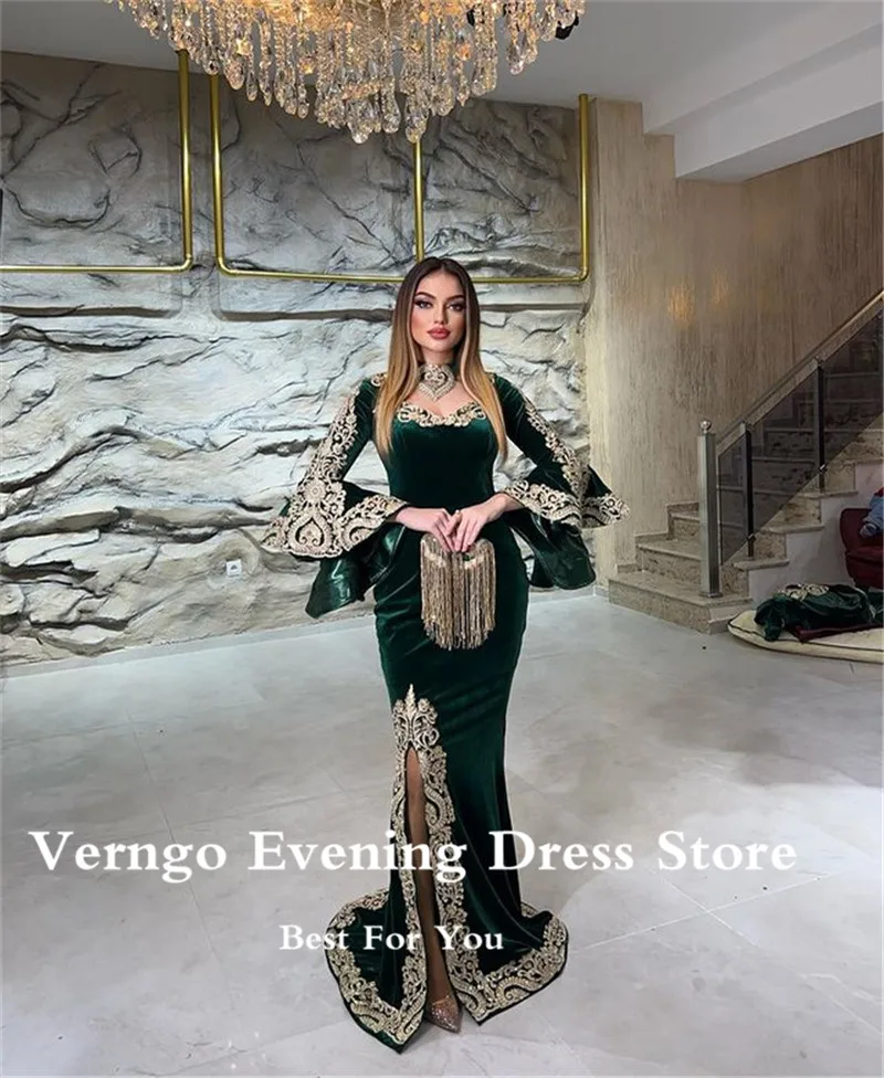 Verngo Velvet Mermaid Prom Gown Emerald Green Applique Dubai Evening Dress 2024 France Kaftan Moroccan Formal Occasion Gown