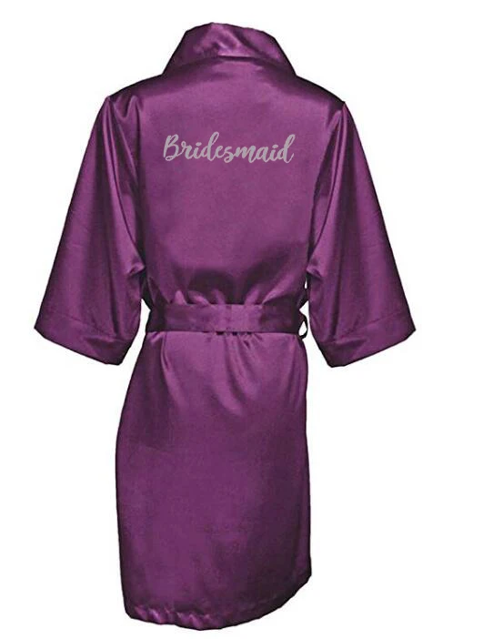 new purple robe silver writing mother of the groom robes wedding Short Bride kimono bridesmaid satin robe drop shipping