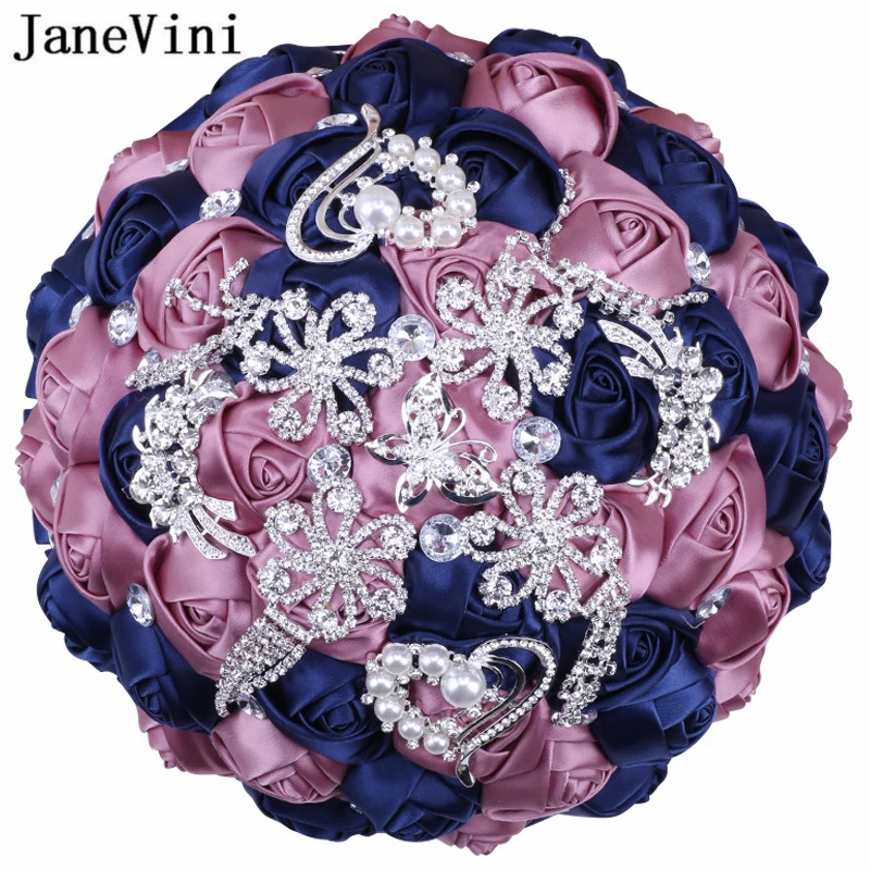 

JaneVini Vintage Navy Flower Wedding Brooch Bouquets Silver Diamond Jewelry Handmade Satin Roses Bridal Fake Bouquet Accessories