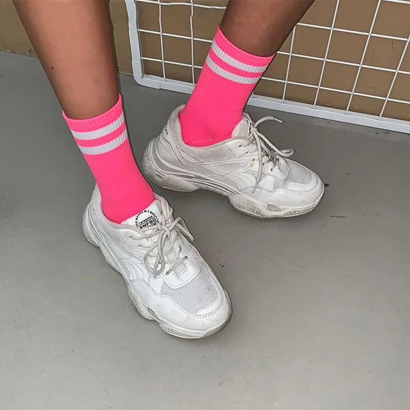 Fashion Neon Green Hot Pink Casual Women Striped Patterned Socks Harajuku Cool School Girls Candy Color Fluorescence Loose Socks