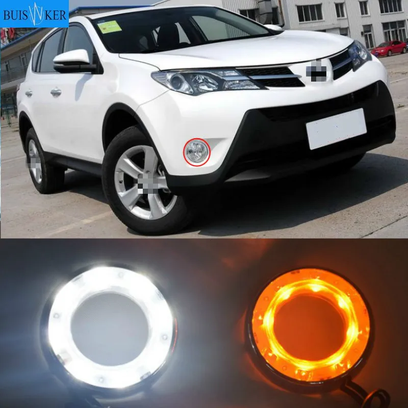 

2pcs For Toyota RAV4 2012 2013 Yellow Turning Signal Waterproof ABS 12V Car DRLLED Daytime Running Light With Fog Lamp Hole