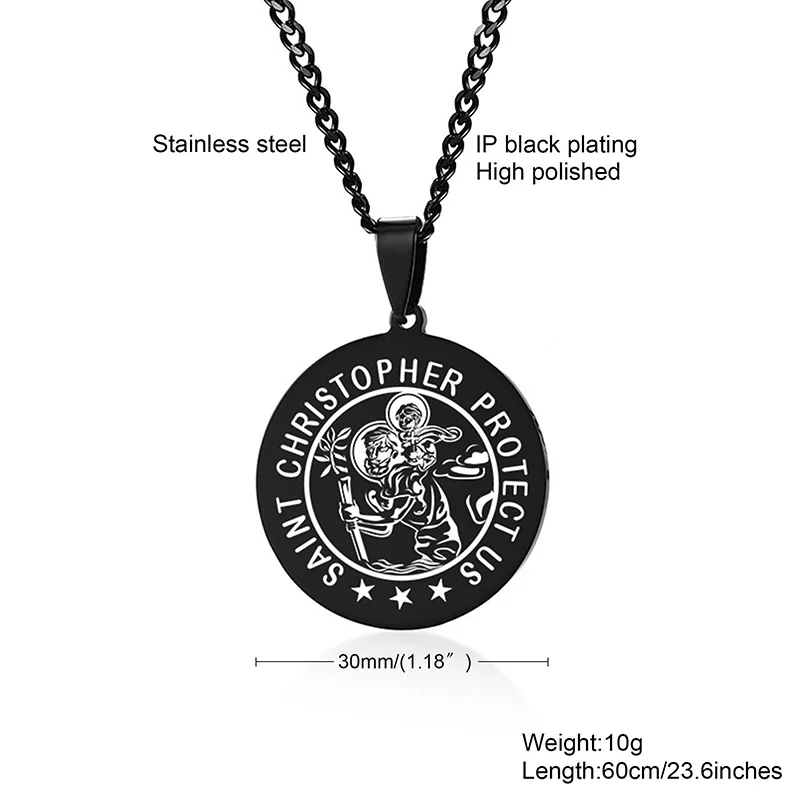 Men Black Disc St Christopher Religious Medallion Pendant Necklace in Stainless Steel Jewelry