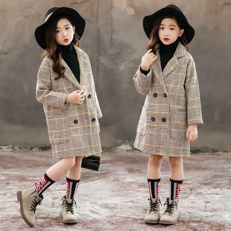 Winter Coat For Girls Thick Woolen Jacket For Girls Fashion Plaid Kids Outerwear Autumn England Teenage Clothes For Girls School