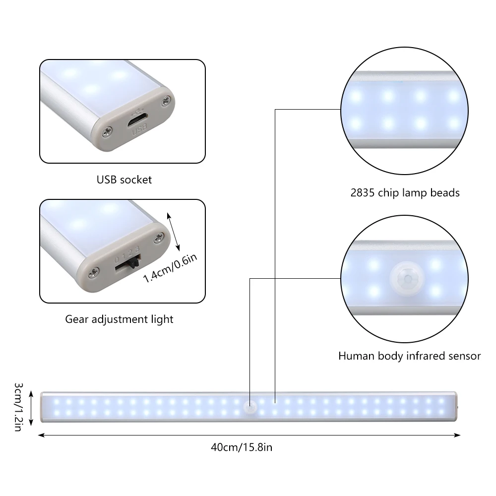 40CM 60leds Szikratávirát Alá szekrény ligh USB újratölthető Lomtár Világítás Mozgás Érzékelő Mágneses csík éjjeli lámpák számára konyhai