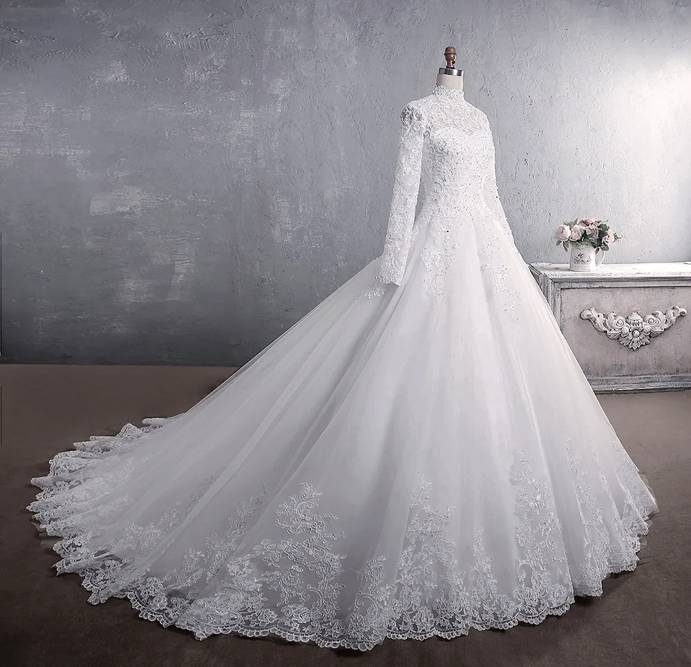 Abito da sposa musulmano 2021 elegante collo alto con treno abito da sposa principessa abito da sposa con ricamo in pizzo di lusso Vestido De Noiva