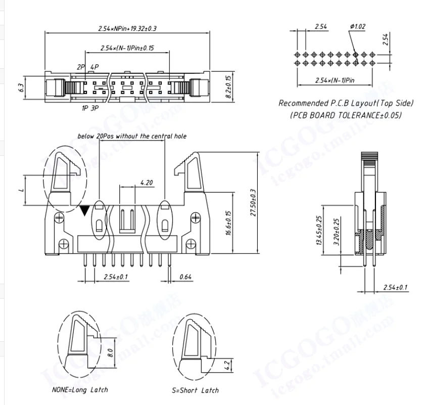 pitch 2.54mm DC2 Header with Clips 8P 10P 12P 14P 16P 20P 24P 26P 30P 34P 40p 50p 64p Ejector Header connector cow-horn Header