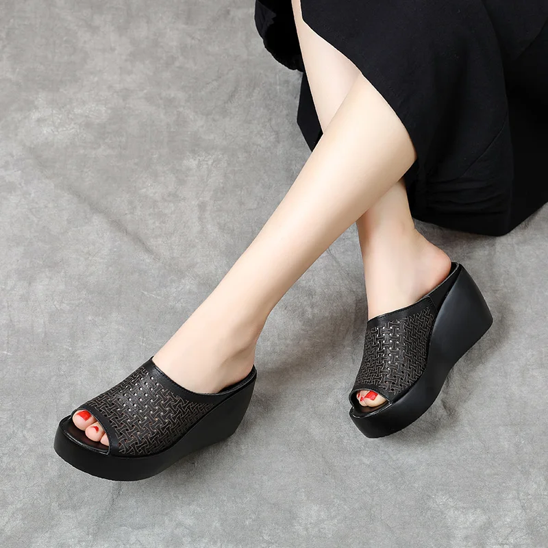 GKTINOO genuine leather Summer women slippers Open Toe flip flops sandals Women Wedges Slippers black white slides sandals