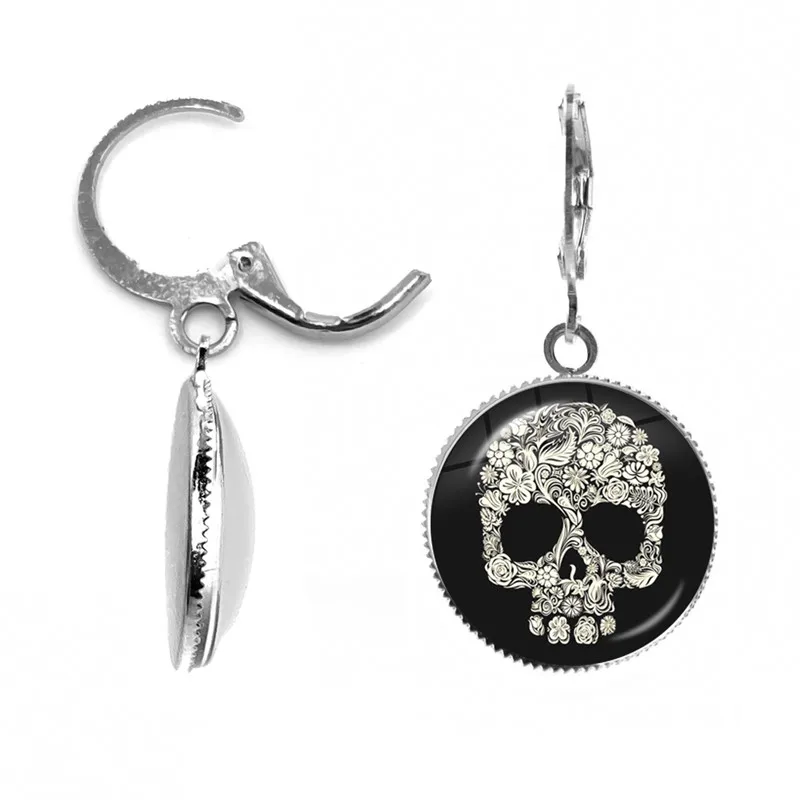 2021 Trendy Hippie Skeleton Earrings Mexican Sugar Skull Folk Art Pattern Glass Cabochon for Women Men Halloween Jewelry Gifts