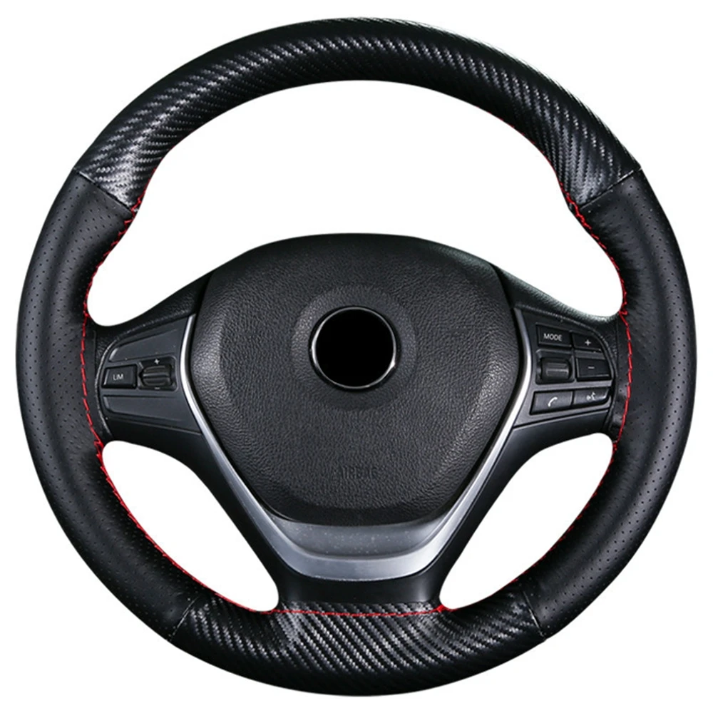 Super Fiber Leather + Carbon Fiber Leather Hand-Stitched Steering Wheel Cover With Needle And Thread Interior Accessories