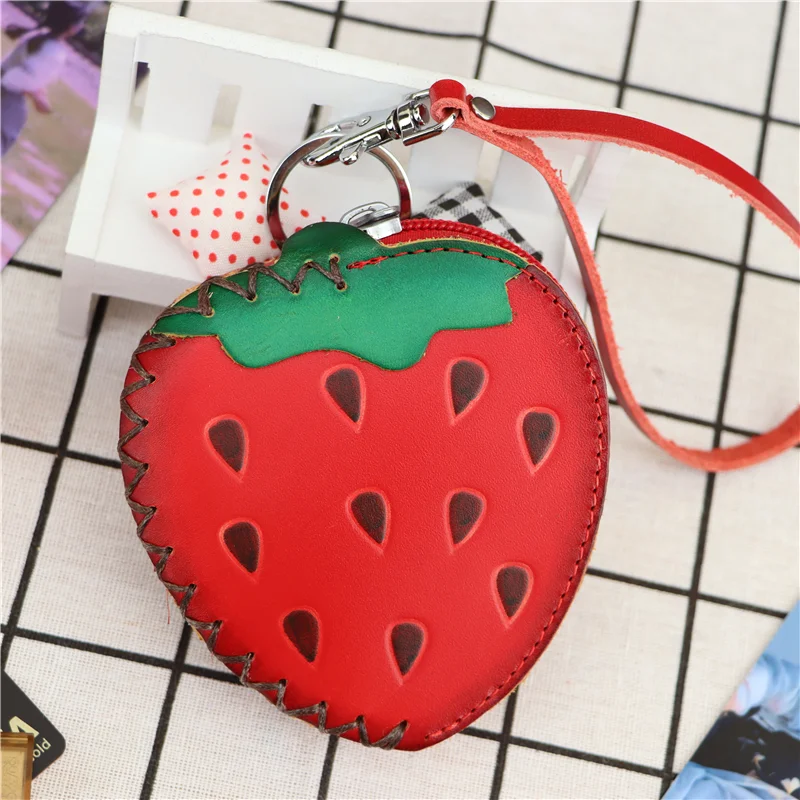 

Genuine leather handmade creative strawberry mini coin purse fruit card bag key bag clutch bag children hand bag