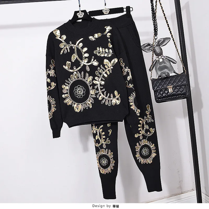 2023 Autumn 2 Piece Sets Women Gold Leaf Flower Embroidery Sequin Knitted Sweater Casual Trouser LO Women‘s Two Piece Outfits