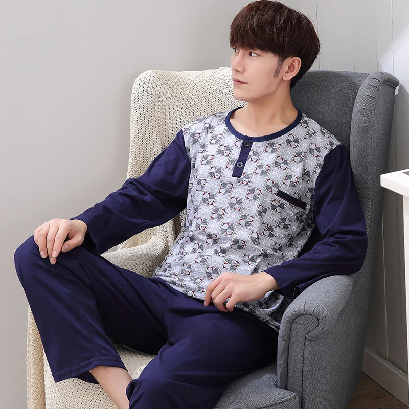 

Spring Autumn Men Pajamas Set 100% Cotton Sleepwear Night Suit Casual Long Sleeve Pyjamas Plus Size Homewear 4XL