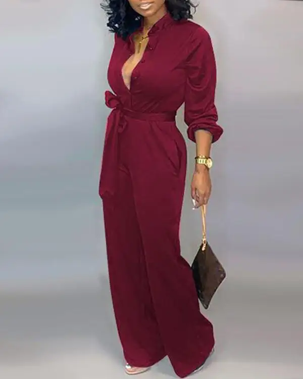 Women Buttoned Jumpsuit Long Sleeve Autumn Rompers Women Jumpsuit One Piece Overalls