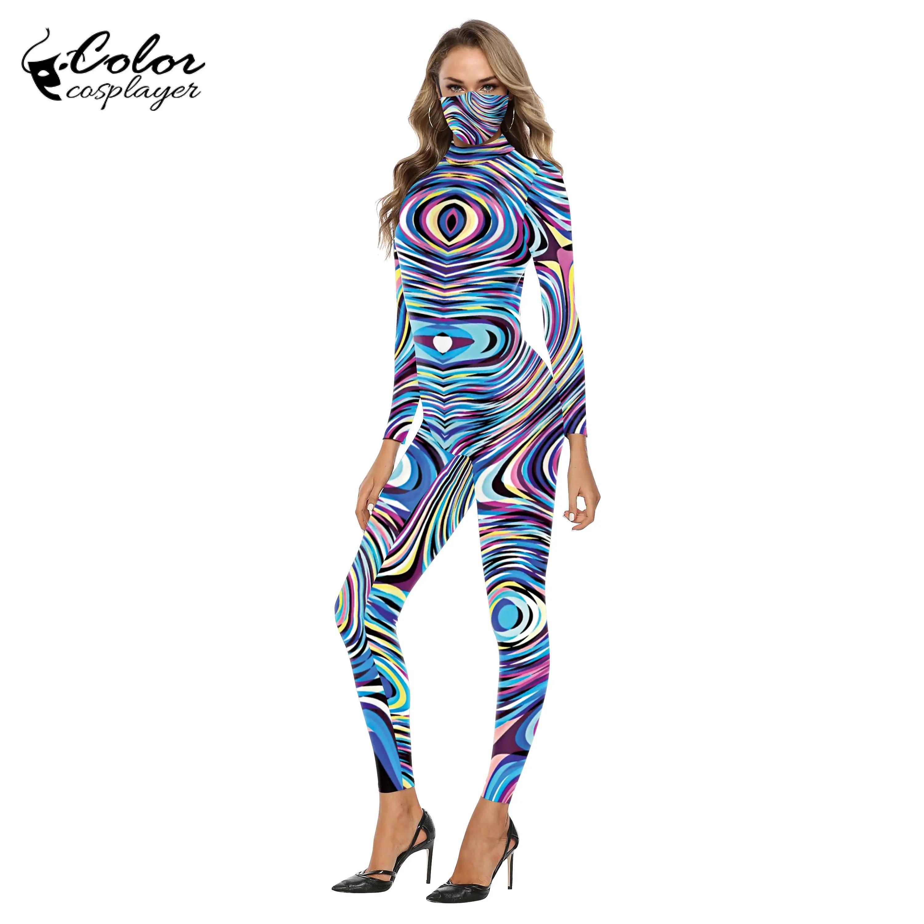 Disfraz de fiesta de fantasía para carnaval, traje de Zentai Catsuit con estampado de textura de color de ojos para mujer, trajes de máscara Sexy, mono de manga larga para adultos