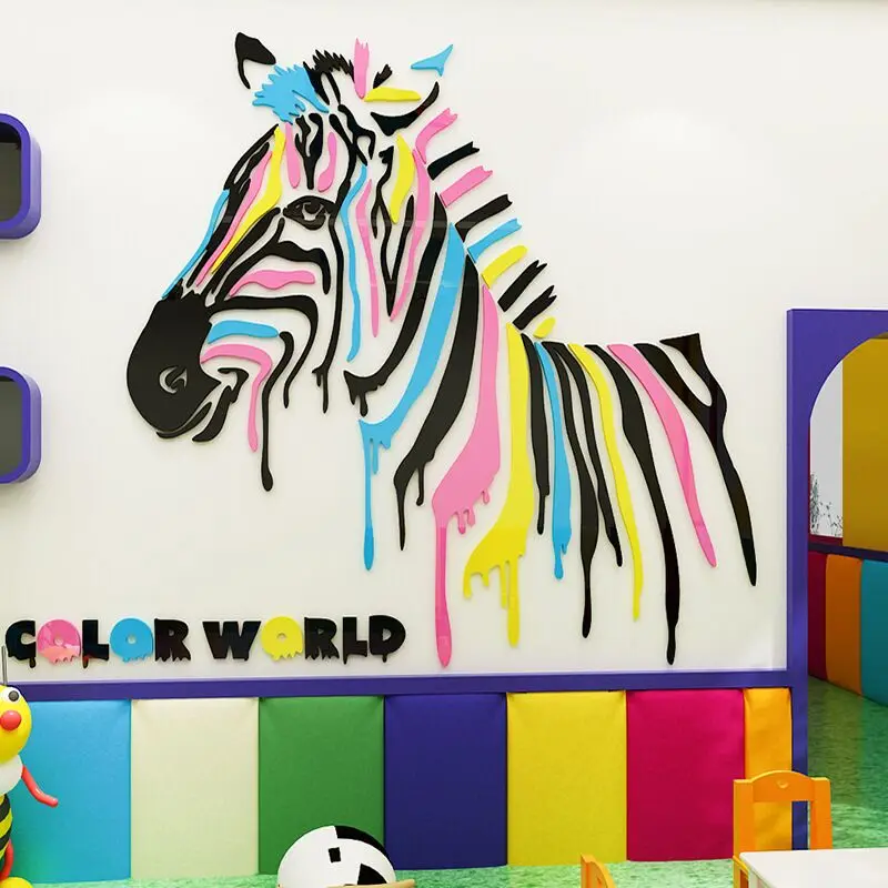 

Цветные зеркальные наклейки на стену с изображением зебры для детской комнаты, живопись, украшение для классной комнаты, гостиная, сделай сам, художественный настенный постер, домашний декор