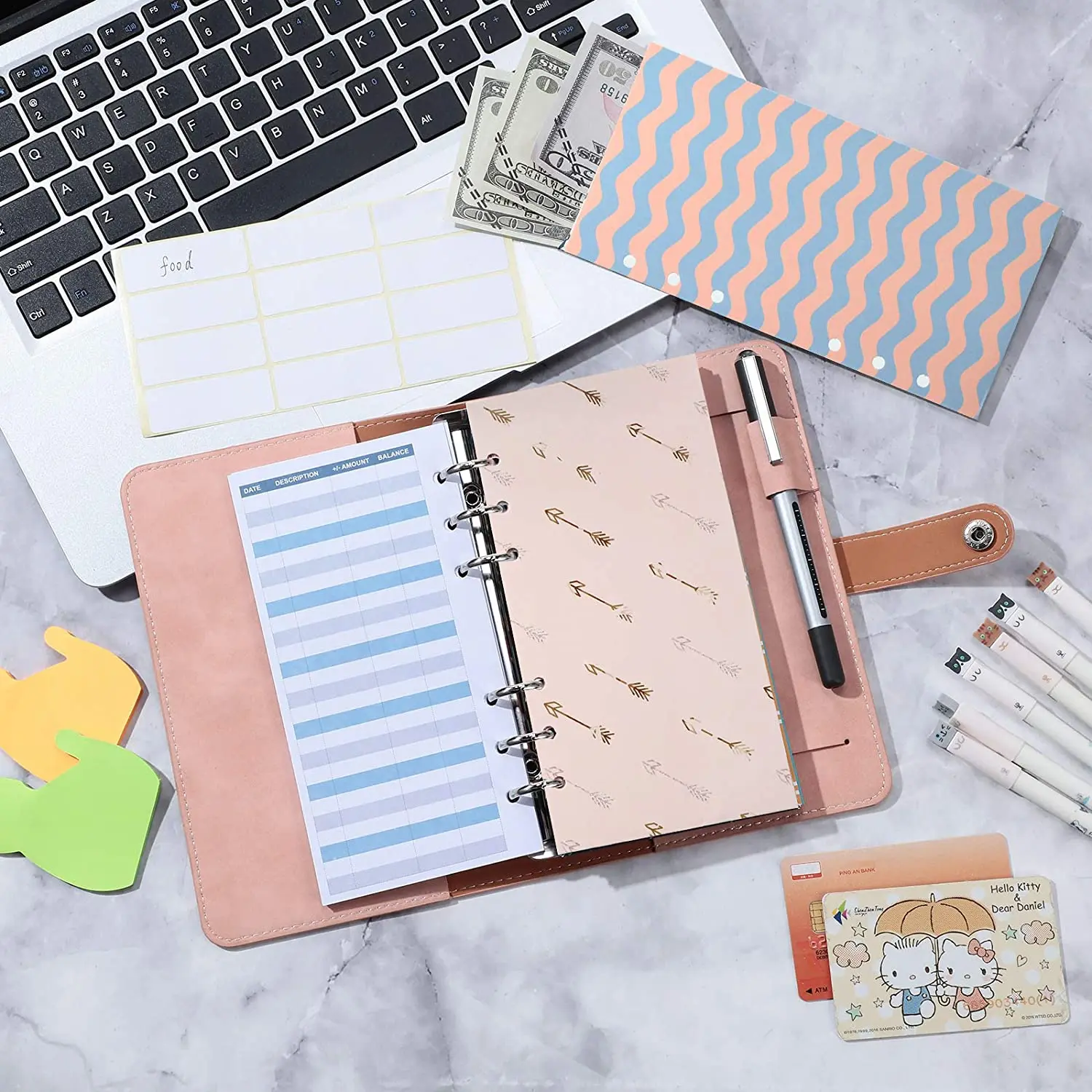 49Pcs A6 PU Leather Notebook Binder Includes 6 Rings Binder Cover,12 Budget Envelopes System,Expense Budget Sheets and 24 Labels