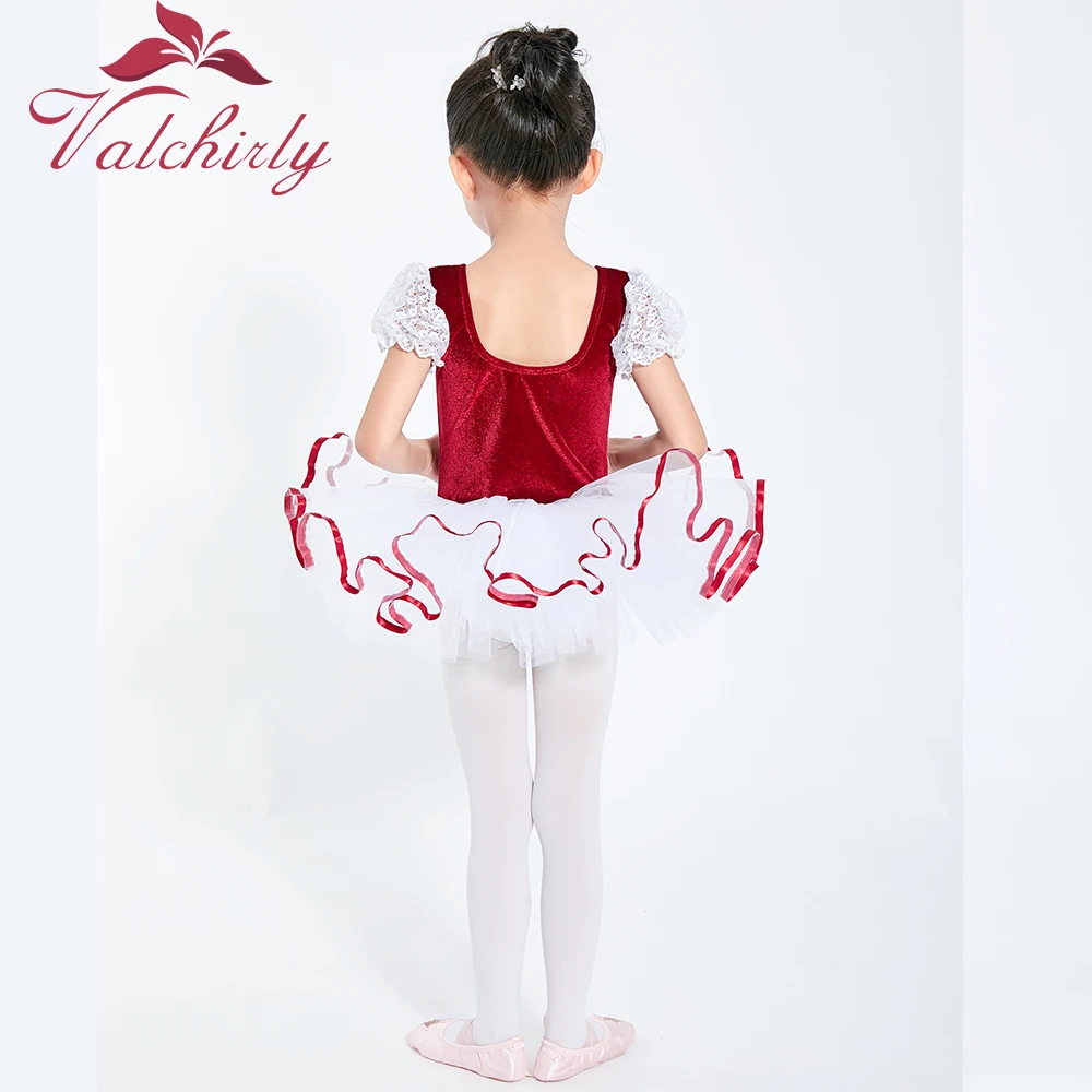 Girls  Ballet Tutu Dress Velvet Body Ribbon Mesh Skirt Short Puff Sleeves Kids Dance Gymnastics Leotard Costumes