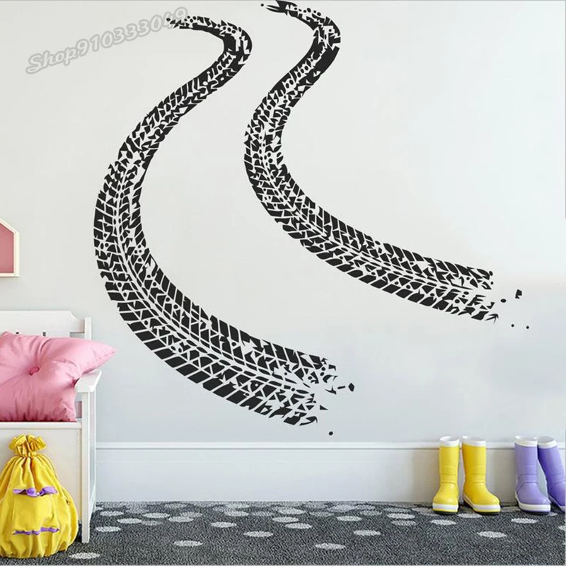 Tire Marks Wall Decal Race Car Auto Motorcycle Sports Tire Tracks Vinyl Wall Sticker Art Funny Teen Kids Boy Bedroom Decor C616