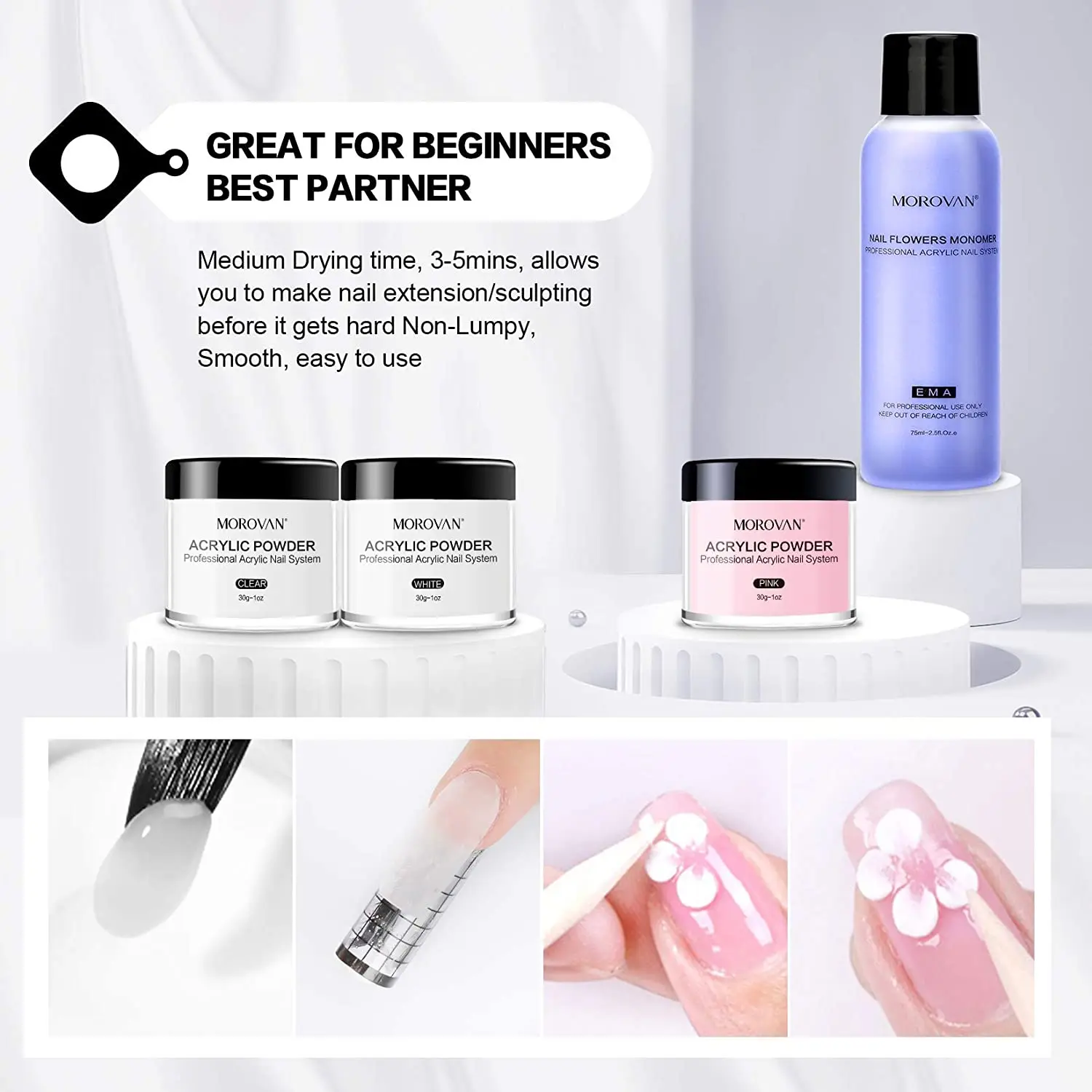 Professional Liquid Monomer and Acrylic Powder Set for Nail Extension Carving-with Pink White Clear Colors Acrylic Nail Powder