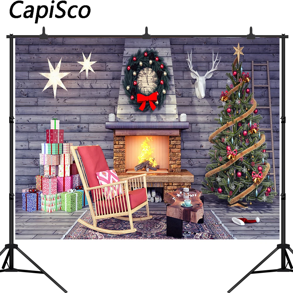 

Capisco Christmas Tree Wooden Board Indoor Photography Backdrops Gifts fireplace Newborn Baby Kids Photo Studio booth Background