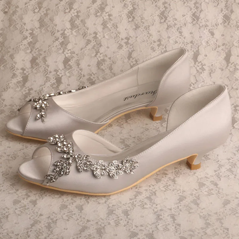 Customized Factory Direct Low Heels Open Toe Heels Grey Bridesmaid Shoes with Crystal Oranment