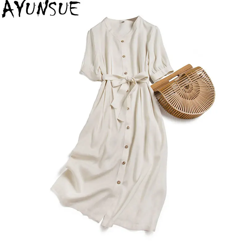 

AYUNSUE Fashion Woman Dress 2021 Korean Silk Shirt Dress Elegant Vintage Spring Summer Clothes V Neck Vestido De Mulher KJ7146