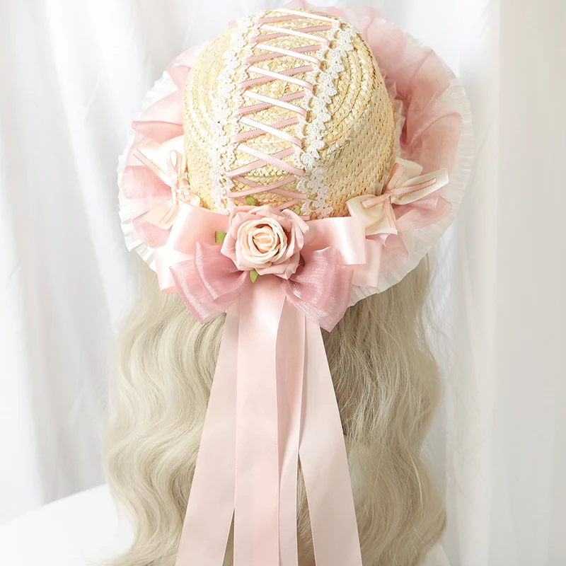 Hand made LOLITA straw hat LO niang multicolor LOLITA manual bowknot lace ribbon hats