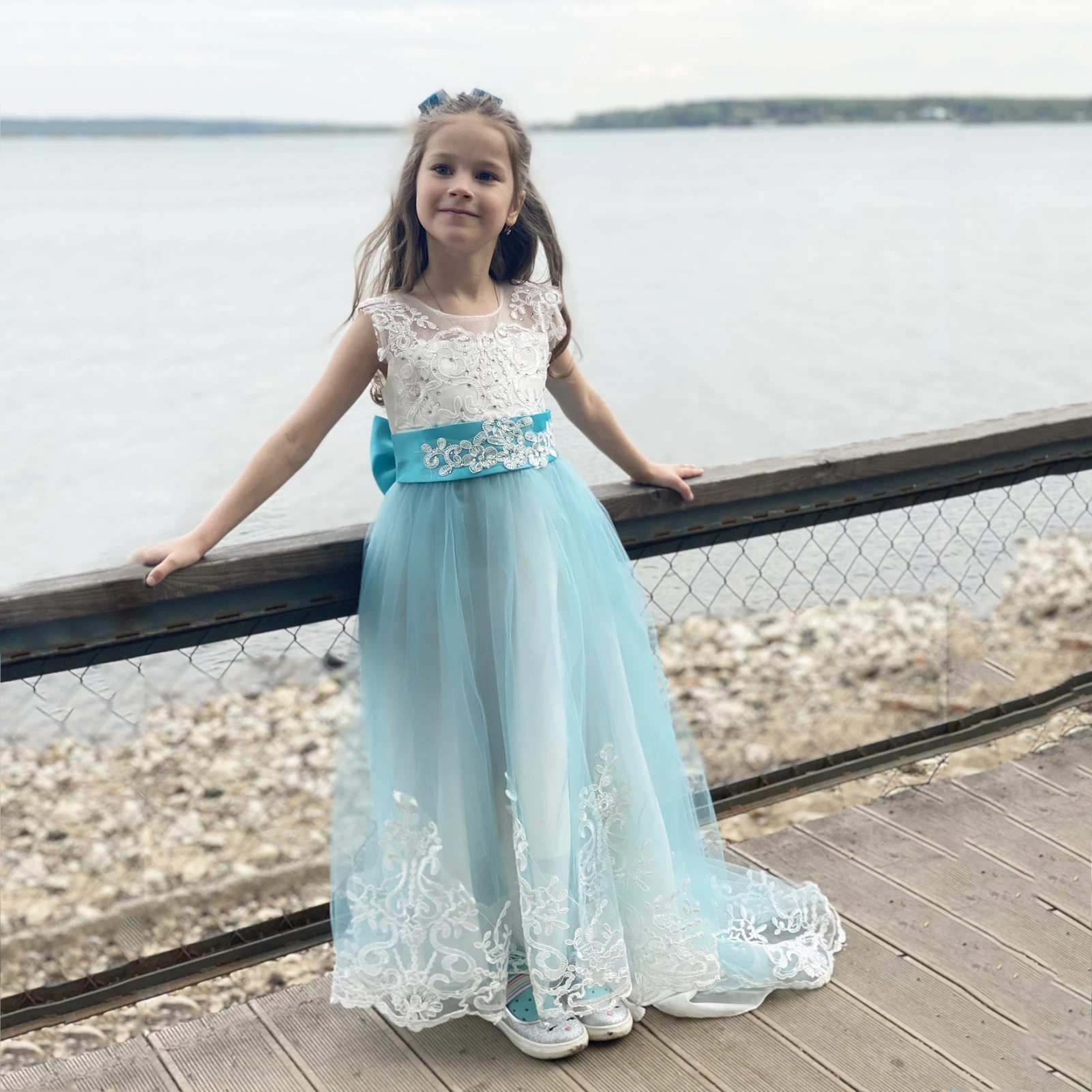 Girls Princess Dress,Lace Embroidery Christmas Birthday Dresses,Party Wedding Ball Gown,Formal Bakeless Tailing Kids Bow Dress