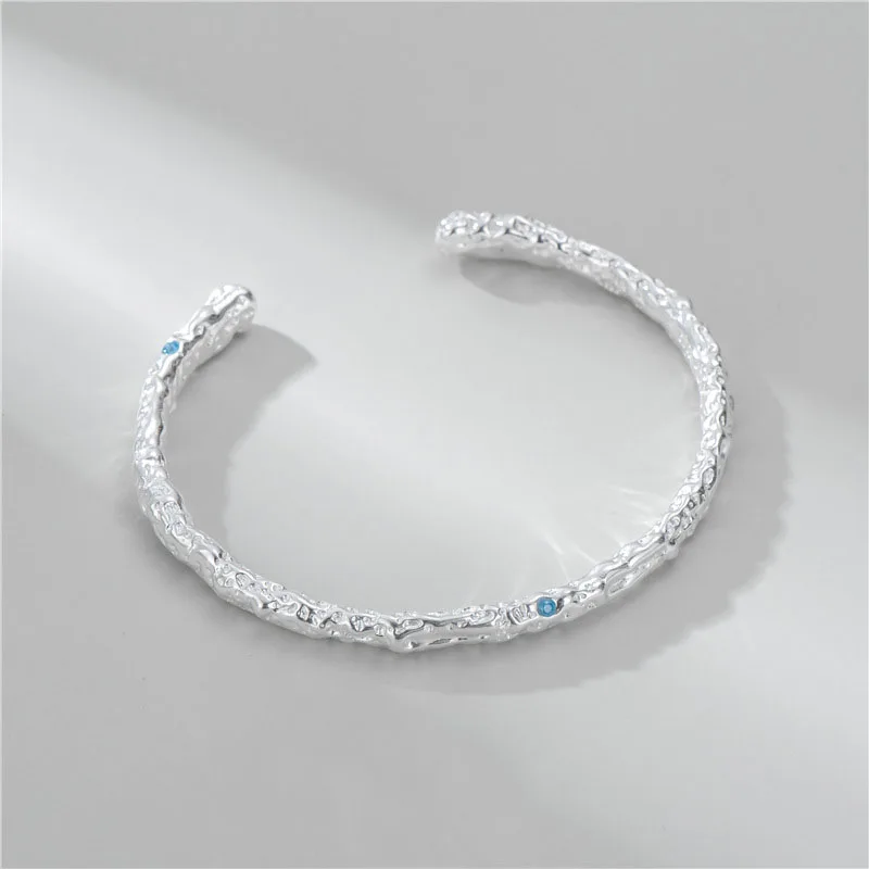 

Pleated Small Blue Zirconium Bangles Bracelet S925 Sterling Silver Korean Style Fashionable Texture Open Type Adjustable Bangle