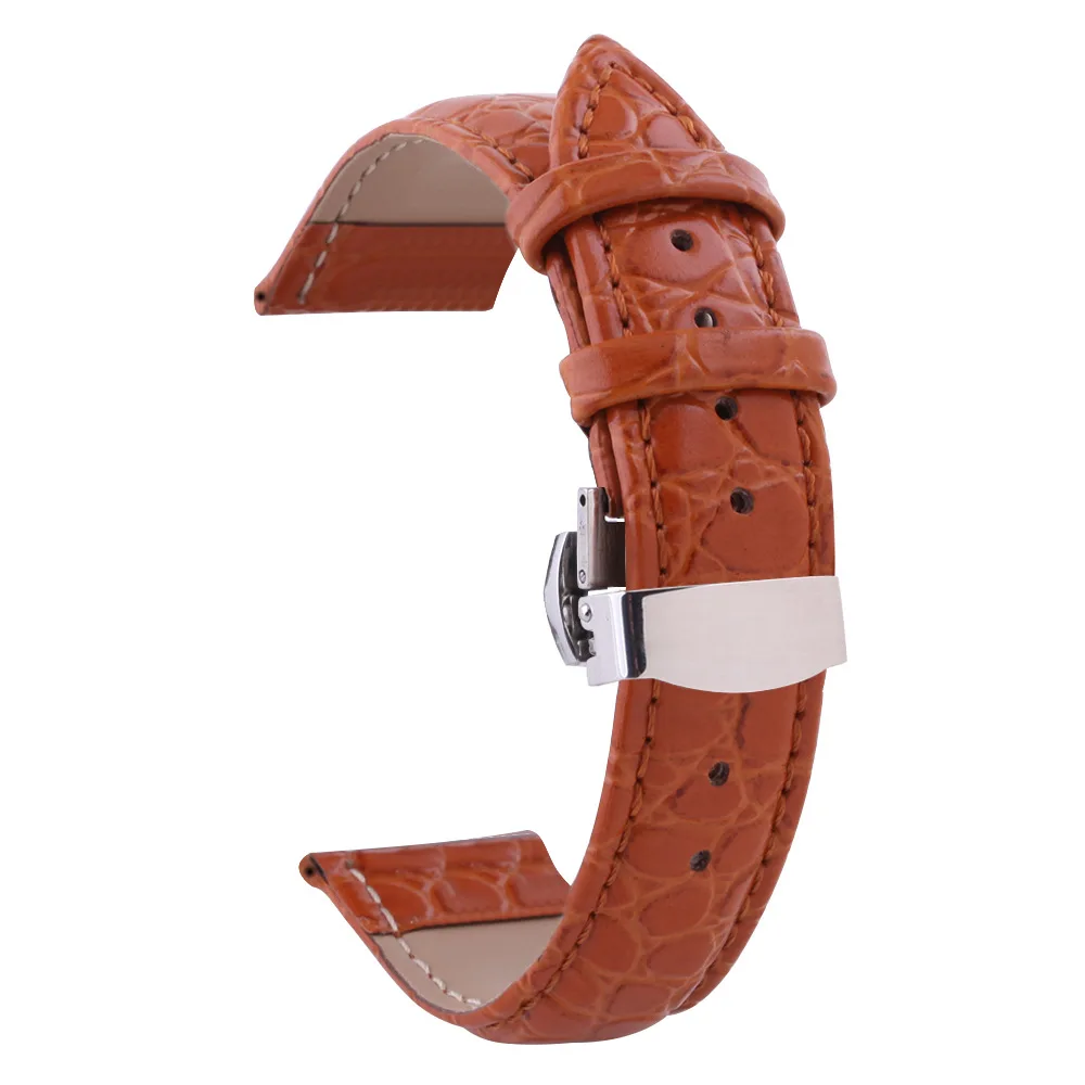 12-24mm Genuine Leather Strap Top Layer Calfskin Watchband Men Women Universl Double Press Automatic Butterfly Buckle Wristbands