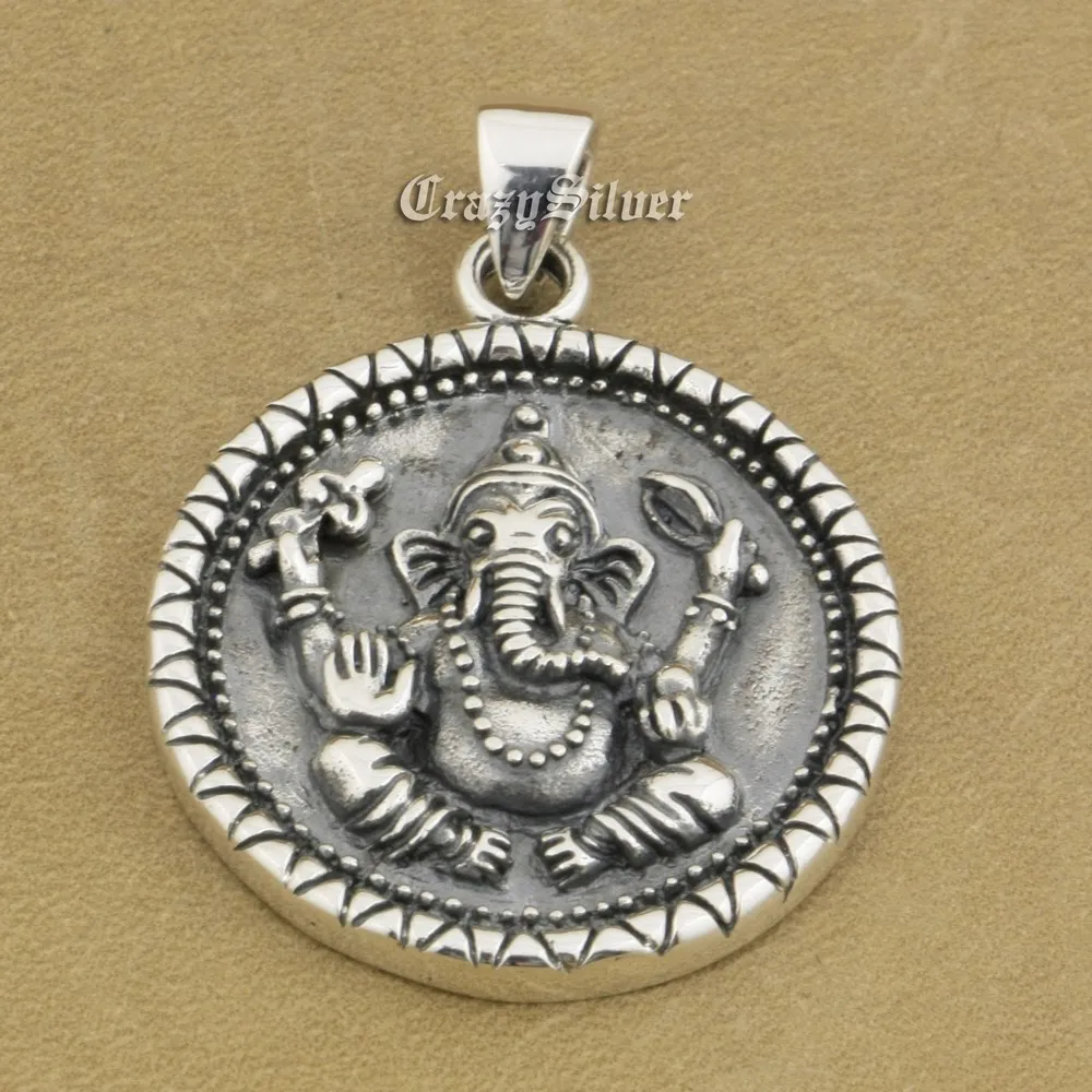 LINSION 925 Sterling Silver Ganesh Hindu Lord God Pendant Mens Biker Punk Round Pendant 8A039