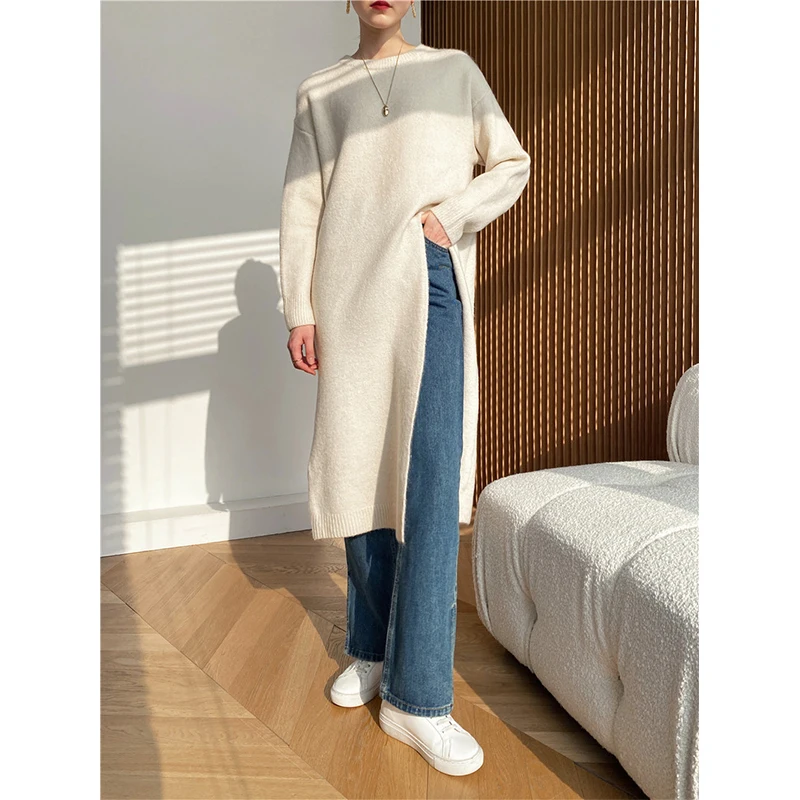 [ZAYAU]Autumn and Winter New Sweater Coat women\'s Simple Lazy Medium Length Knitted Split Pullover Dress