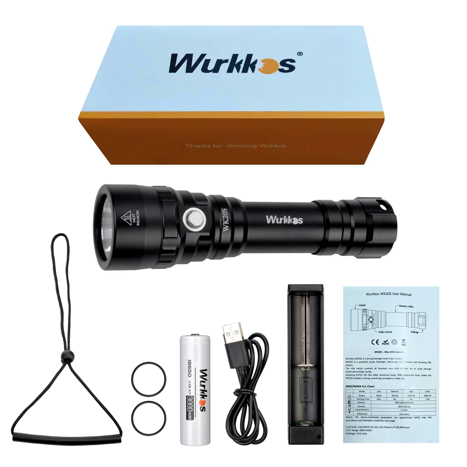 Wurkkos WK20S sytý potápěčská baterka IPX8 vodotěsný scuba bortit se lehký dobíjecí maxi 2000 lumen SST40 HD LED 4 režimech