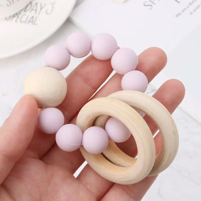 BPA Free Baby Teether Silicone Beads Teether Newborn Teething Toys Bracelet Pain Relief Wood Rings Chewing Teether Baby Supplies