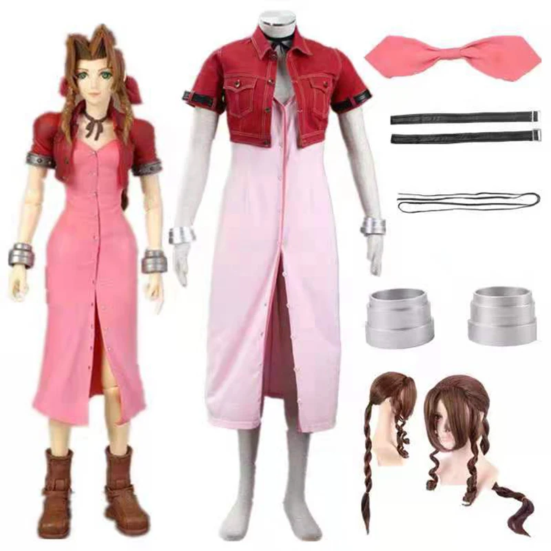 

Game Final Fantasy VII 7 Aerith Aeris Gainsborough Cosplay Costumes Women Pink Long Dress Halloween Carnival Party Cute Skirt