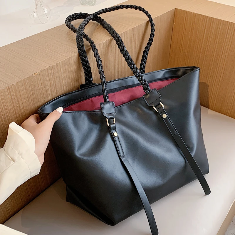 Soft Big Tote Bags For Women Large Capacity A4 Work Female Braiding Shoulder Bags High Quality PU Leather Ladies Handbags bolsas