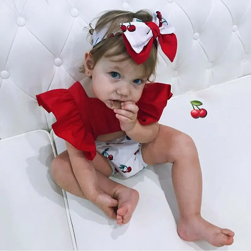 Baby Girl Summer Clothes Set Backless Cherry Romper +Headband Ruffle Big Bow Newborn Toddler baby girl Patchwork clothes Outfits